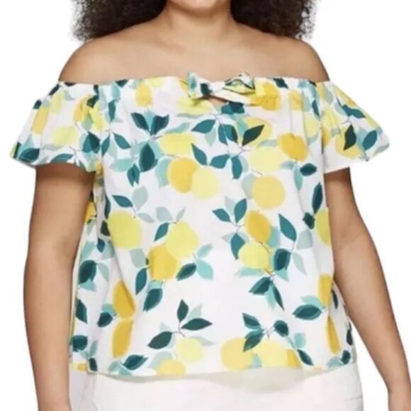 Who What Wear Top Women’s Yellow White Lemon Print Tie Front Off The Shoulder 0X - Picture 1 of 9